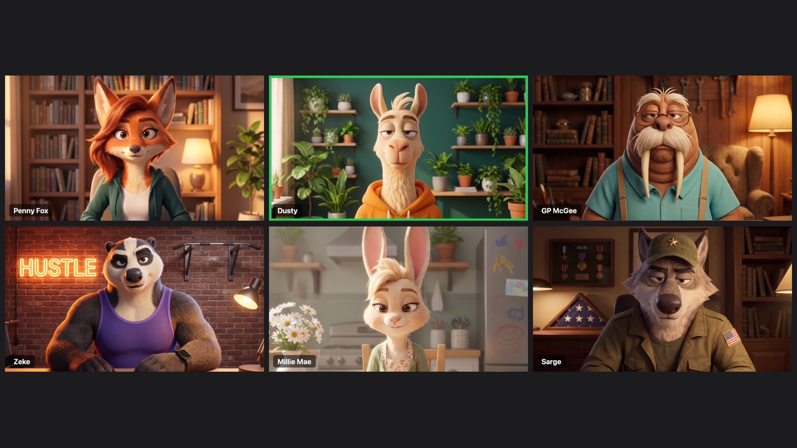 The Pack on a video call: Penny, Dusty, GP, Zeke, Millie and Sarge